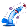 Translucent blue dildo with a realistic head and pronounced veins along the upwardly curved shaft. Suction cup base. Additional images show alternate angles.