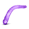 Translucent purple long, straight flexible double dildo with a realistic head on either end and subtle veins throughout the entire length.  Additional images show alternate angles.