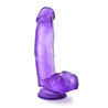 Translucent purple realistic dildo. Realistic head. Subtle veins along the straight but flexible shaft. Realistic balls. Suction cup base. Additional images show alternate angles.