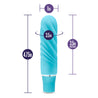 Aqua vibrator. Slim and straight design with rounded tip. Pronounced spiral texture for added stimulation. Push button on bottom to adjust intensity. Additional images show alternate angles.