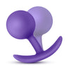 Spherical and bulbous purple butt plug with a slim neck and thin flared base for comfort and safety. This smooth silicone plug contains a weighted ball inside the spherical plug that moves around with the body's movement. Additional images show alternate angles.