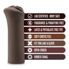 Chocolate skin tone, realistic, open ended stroker. Rounded end with vulva shape and vaginal opening. Ribbed internal canal. Cylinder shaped body features finger grooves for secure grip. Additional images show alternate angles.
