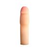 Vanilla skin tone hollow penis extender with a firm 1.5 inch tip to add length. Realistic head is slightly tinted in a pink color for a lifelike look. Soft and smooth body. Additional images show alternate angles.