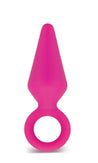 Medium pink butt plug with a tapered tip and slim neck. Features a reinforced ring at the base for safety. Additional images show alternate angles.