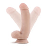 Vanilla skin tone ultra realistic dildo. Featuring a pronounced bulbous head, subtle veins along the slightly downwardly curved, thicker than average shaft, and realistic balls. Suction cup base. Additional images show alternate angles.
