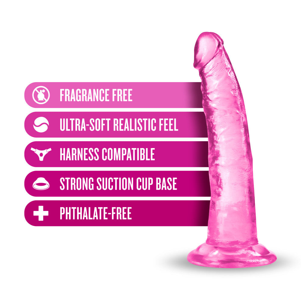 Shows clear pink dildo without balls and a suction cup standing. Alternate photos show other angles. 