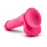 Neon pink realistic dildo with a bulbous head, veins along the straight but flexible shaft, realistic balls, and a suction cup base. Additional images show alternate angles.