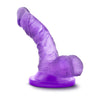 Translucent purple realistic petite dildo. Featuring a small head, veins along the upwardly curved shaft, and realistic balls. Suction cup base. Additional images show alternate angles.