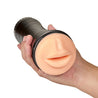 Ultra realistic, plush, mouth-shaped, vanilla skin tone stroker in a black plastic canister. Sleeve can be removed from canister for easy cleaning. Canister features some texture for a secure grip. Includes a removable cap for discreet storage. Additional images show alternate angles.