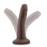 Chocolate skin tone slim realistic dildo. Featuring a small head, subtle veins along the shaft, and a suction cup base. Additional images show alternate angles.