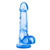 Translucent blue dildo with a large bulbous realistic head and pronounced veins along the straight but flexible shaft. Suction cup base. Additional images show alternate angles.