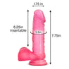 Translucent pink realistic dildo. Featuring a defined rounded head, subtle veins along the straight but flexible shaft, and realistic balls. Suction cup base. Additional images show alternate angles.