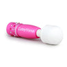 Pink vibrator with classic wand shape: rounded white head, flexible neck and pink and silver rhinestones on bottom of handle. Twist dial on bottom to adjust intensity. Additional images show alternate angles.