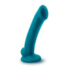 Teal semi-representational dildo. With a round head and a smooth upwardly curved shaft with subtle vertical ridges on the sides. Very small round balls and a suction cup base. Additional images show alternate angles.