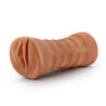 Mocha skin tone stroker with a vulva shaped opening. Features gentle grooves on the outside for a secure grip. Ribbed internal canal for added stimulation.  Additional images show alternate angles.