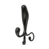 Hard plastic black prostate stimulator with a tapered tip that curves forward, and leads into a slightly larger gentle curve. Body of toy tapers slightly to create a small neck. Looped handle curves away from the body for easy holding on one side, and curves up toward the body on the other side to stimulate the perineum. Additional images show alternate angles.