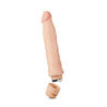 Vanilla skin tone vibrating dildo has an ultra realistic shape, with a defined but tapered head and veins along the shaft. Twist dial on bottom to adjust intensity. Additional images show alternate angles.