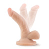 Vanilla skin tone ultra realistic petite dildo. Featuring a small head, veins along the upwardly curved shaft, and realistic balls. Suction cup base. Additional images show alternate angles.