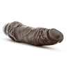Chocolate skin tone vibrating dildo. Tapered head with veins along the shaft. Slightly thicker at base. Twist dial on bottom to adjust intensity. Additional images show alternate angles.