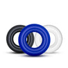 Set of 3 classic stretchy Stay Hard donut cock rings in black, clear, and blue.  Additional images show alternate angles.