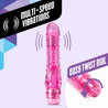 Slim and petite pink insertable vibrator. Smooth head, textured shaft with soft studs. Twist dial controls intensity. Additional images show alternate angles.