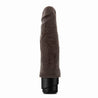 This chocolate skin tone vibrating dildo has an ultra realistic shape that offers significant girth, with a subtly defined head and veins along the shaft. Twist dial on bottom to adjust intensity. Additional images show alternate angles.