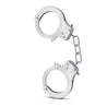Thin silver metal handcuffs with quick release buttons on each cuff. Cuffs are connected to each other by a short metal chain. Each cuff has a swinging arm that is used to adjust tightness. Additional images show alternate angles.