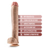 Vanilla skin tone ultra realistic dildo. Extra large dildo featuring a defined head, subtle veins along the straight but flexible shaft, and realistic balls. Suction cup base. Additional images show alternate angles. 