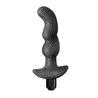 Black prostate stimulating silicone butt plug with a smooth finish and silver check carbon fiber print. Plug has a slim tapered head that resembles a curled fingertip, gentle swirls along the body for added sensation, and a flared base for safety and comfort. Features an opening at the base that fits the included small vibrating bullet. One button on the bottom of the bullet adjusts intensities. Additional images show alternate angles.