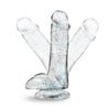 Clear dildo with red and blue glitter. Featuring a realistic head, subtle veins along the straight but flexible shaft, and realistic balls. Suction cup base. Additional images show alternate angles.