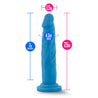 Neon blue realistic dildo with a tapered head for easy insertion, veins along the straight but flexible shaft, and a suction cup base. Additional images show alternate angles.