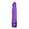 Purple vibrating dildo. Semi realistic shape with defined head and smooth straight shaft. Twist dial on bottom to control intensity. Additional images show alternate angles.