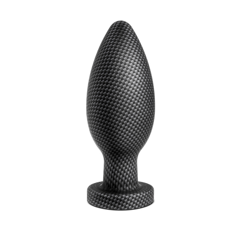 Black butt plug with a rounded tip and bulbous body. Plug has a light silver check carbon fiber print throughout. Featuring a thin neck and round flared base. Additional images show alternate angles.