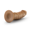 Mocha skin tone ultra realistic silicone dildo. Featuring a rounded head, veins along the thick, upwardly curved shaft, and a suction cup base. Additional images show alternate angles.