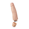 This vanilla skin tone vibrating dildo has a realistic shape, with a defined rounded head and subtle veins along the shaft. Twist dial on bottom to adjust intensity. Additional images show alternate angles.