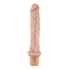 This vanilla skin tone vibrating dildo has an ultra realistic shape, with a defined head and veins along the shaft. Twist dial on bottom to adjust intensity. Additional images show alternate angles.