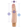 This vanilla skin tone vibrating dildo has a realistic shape, with a defined rounded head and subtle veins along the shaft. Twist dial on bottom to adjust intensity. Additional images show alternate angles.