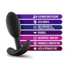 Smooth black silicone butt plug with tapered time, slim body, narrow neck and thin flared base for comfort and safety. Contains a weighted ball inside the body of the plug that moves around with the body's movement. Additional images show alternate angles.