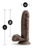 Chocolate skin tone realistic uncut dildo. Featuring a smooth rounded head covered partially by foreskin, veins along a straight but flexible shaft, and realistic balls. Suction cup base. Foreskin and rest of dildo are one piece, foreskin doesn't move or pull back. Additional images show alternate angles.