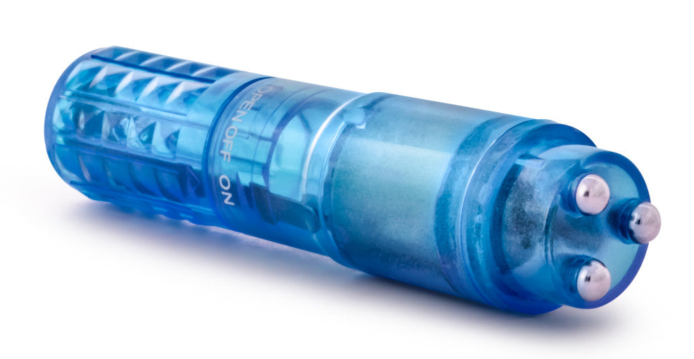 Translucent blue mini massager, cylinder shape with three rounded beads on top for focused vibration. Subtle diamond cut on bottom. Twist to open, turn on and turn off. Additional images show alternate angles.