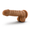 Mocha skin tone realistic dildo. Featuring a large bulbous head, veins that branch out horizontally along the straight but flexible shaft, realistic balls, and a suction cup base. Additional images show alternate angles.