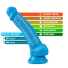 Neon blue realistic dildo with a defined head, veins along the upwardly curved shaft, very small balls, and a suction cup base. Additional images show alternate angles.