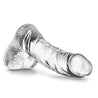 Clear realistic dildo. Small tapered head for easy insertion. Many veins along the slightly upwardly curved shaft. Realistic balls. Smooth flat base. Additional images show alternate angles.