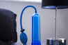 Blue cylinder that connects to a squeezable ball pump by a blue flexible hose. Includes blue pump sleeve and stretchy cock ring.  Additional images show alternate angles.