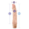 Vanilla skin tone ultra realistic vibrating dildo. Pronounced curved head and veins along the shaft. Twist dial on bottom to adjust intensity. Additional images show alternate angles.