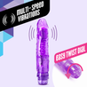 Translucent purple vibrating dildo. Defined head, straight shaft with pronounced veins. Twist dial at bottom to adjust intensity. Additional images show alternate angles.