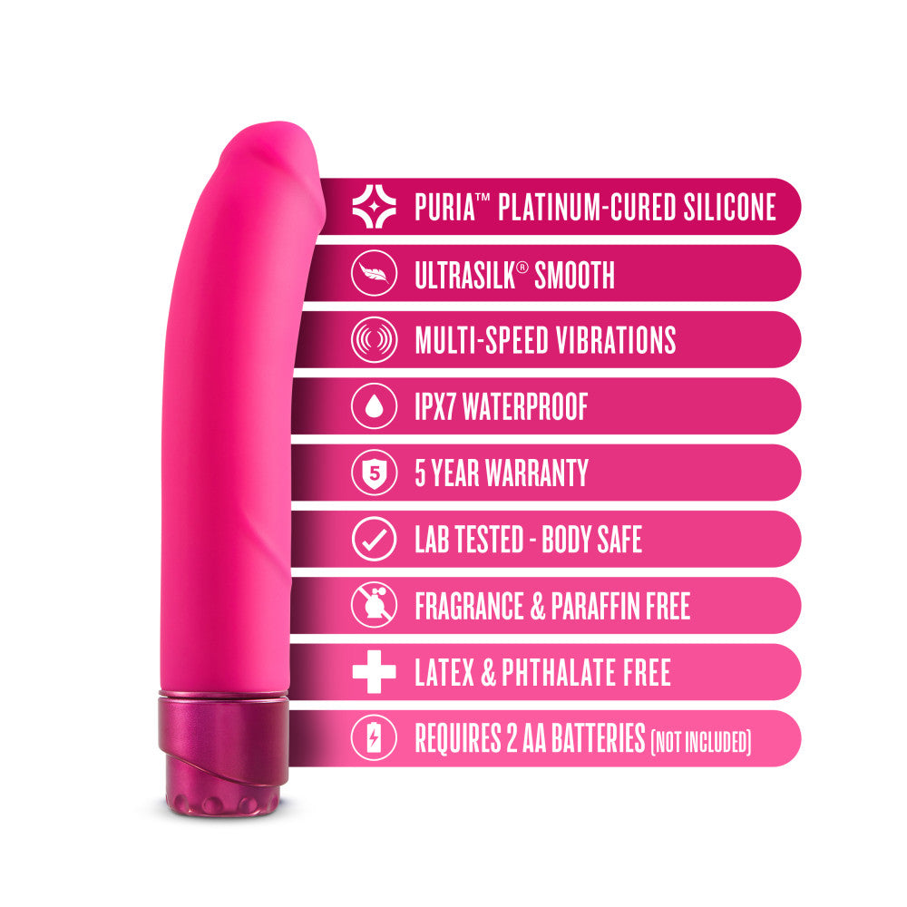 Pink semi realistic vibrating dildo. Pronounced curved head, smooth shaft with a subtle vein at the bottom of the shaft. Twist dial on bottom to adjust intensity. Additional images show alternate angles.