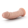Vanilla skin tone ultra realistic dildo. Featuring a rounded head, many veins along the slightly upwardly curved thick shaft, and a suction cup base.  Additional images show alternate angles.