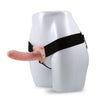 Vanilla skin tone realistic hollow penis extender with defined head and veins. Attached to a thick elastic waistband and leg straps, for stability and comfort.  Additional images show alternate angles.