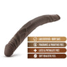 Chocolate skin tone long, straight double dildo with a realistic head on either end and veins throughout the entire length.  Additional images show alternate angles.